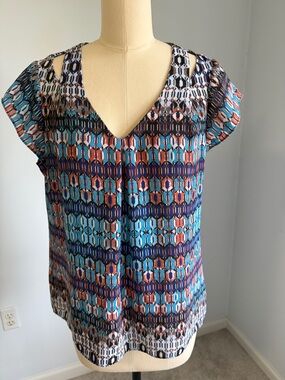 New Directions Blue Multi-Print V-Neck Blouse SZPL